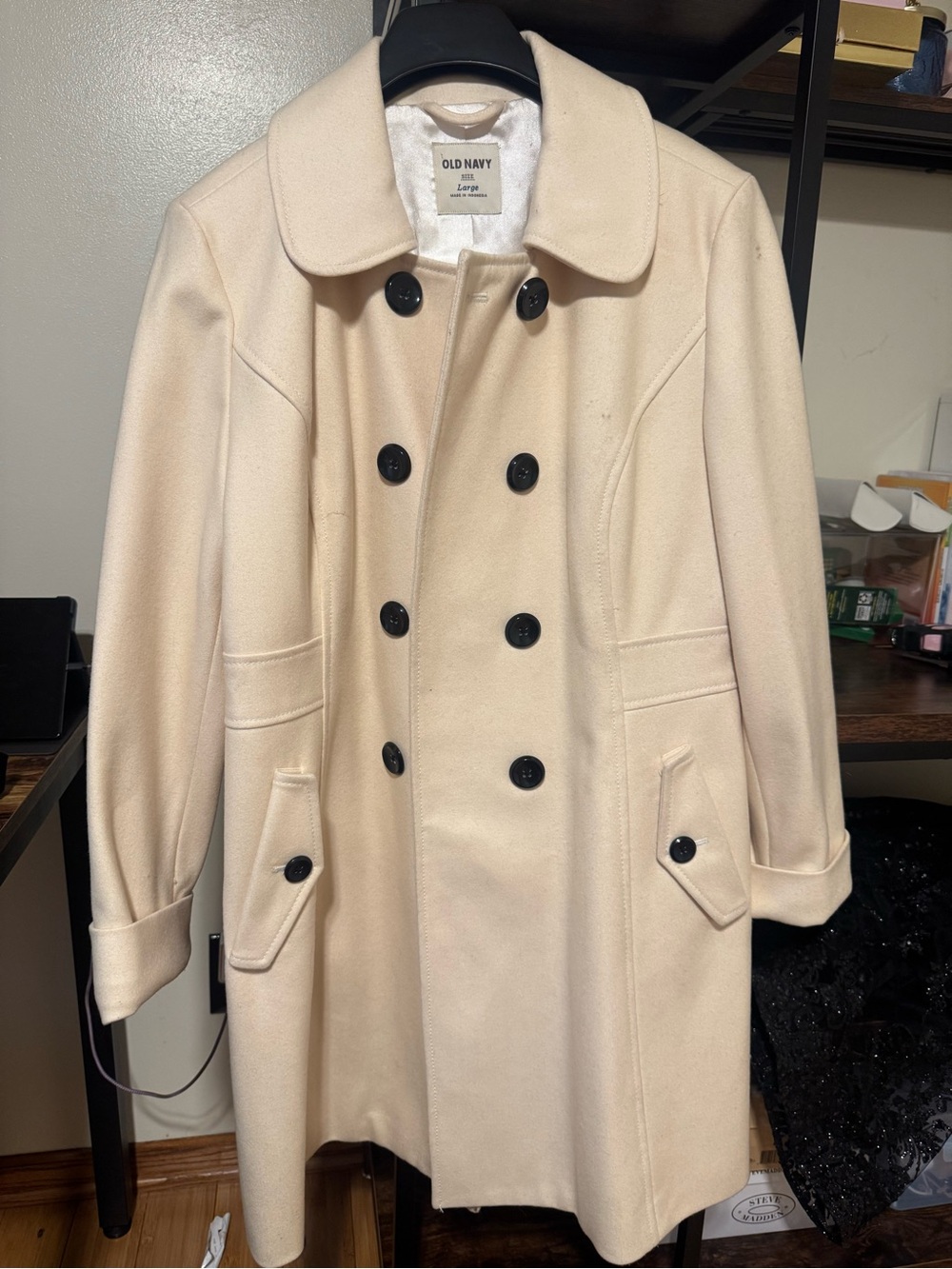 Old Navy Cream Double-Breasted Pea Coat with Black Buttons